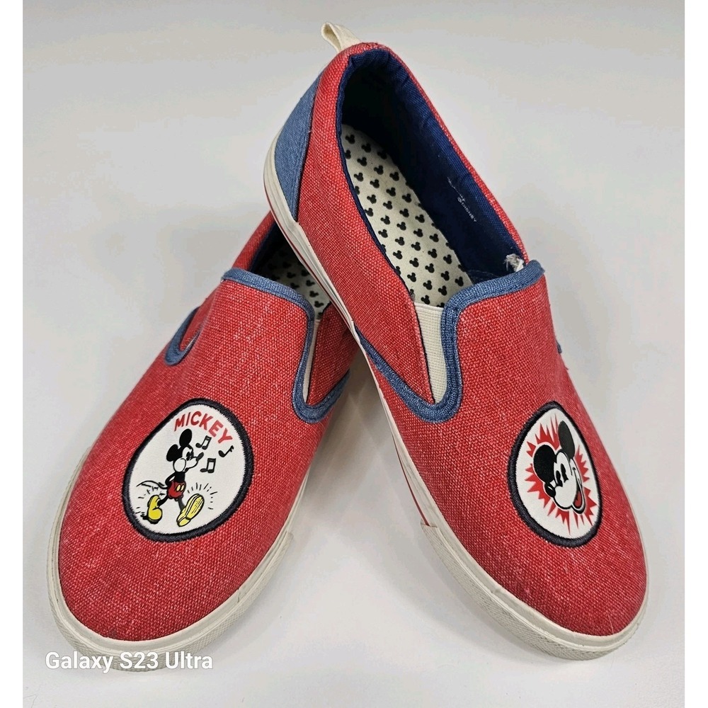 Disney Mickey Mouse Junk Food Red Denim Canvas Slip On Shoes Youth 5 Womens 6